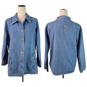 Bobbie Brooks Blue Denim Floral Embroidered Vintage Jacket Shirt Shacket Medium